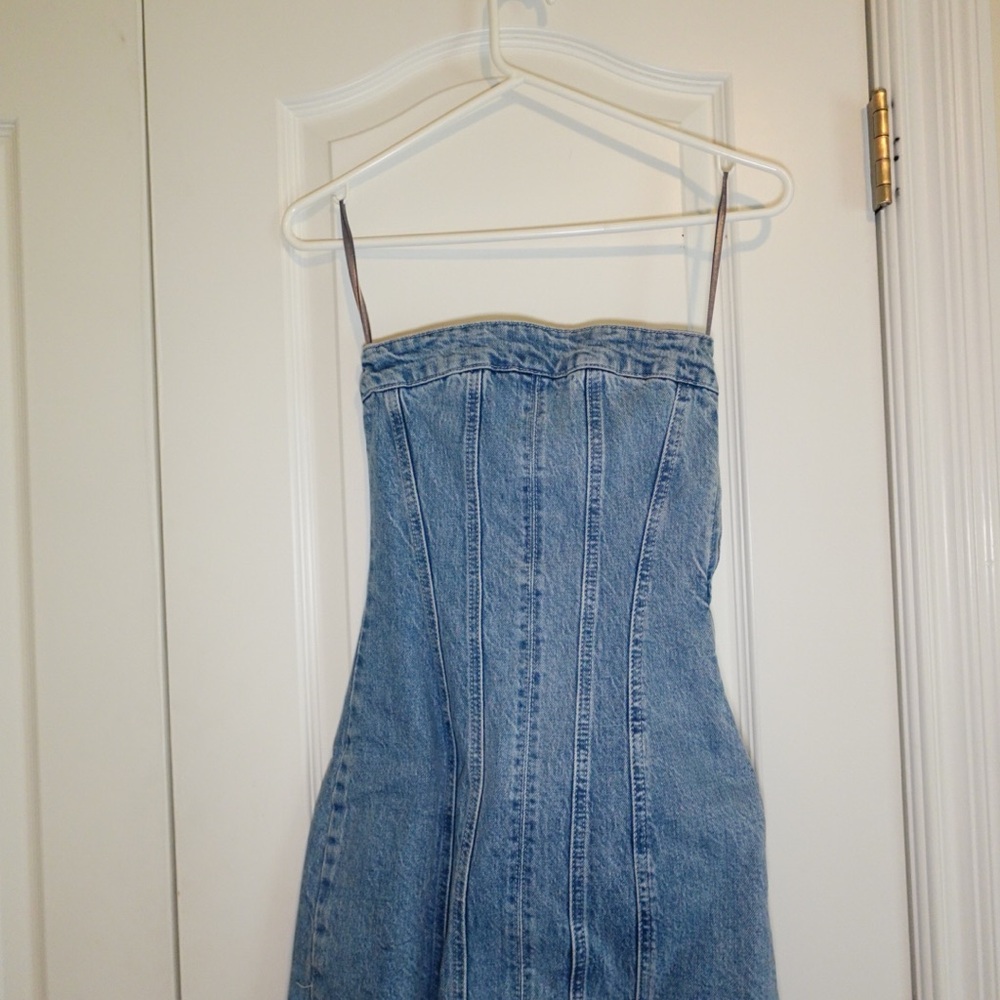 Zara Light Blue Denim Strapless Dress